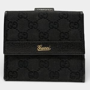 Gucci Vintage Y2K Black GG Canvas Wallet Double Bifold Coin Snap Gold Logo COA